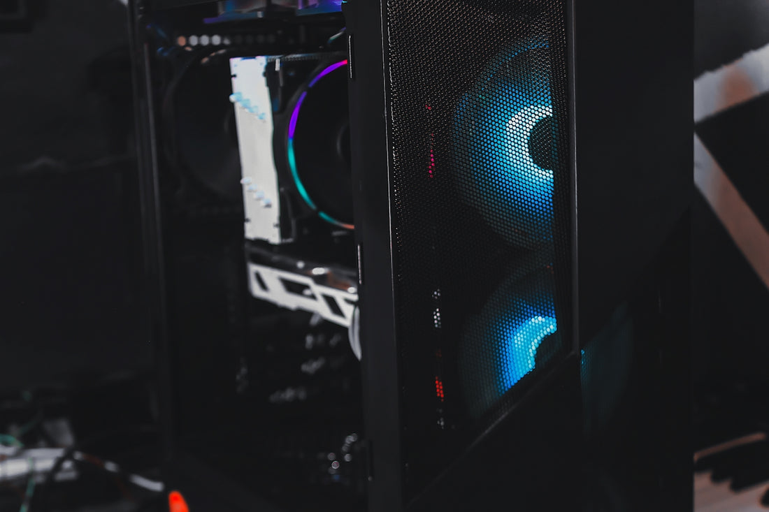 a close up of a computer case in a room