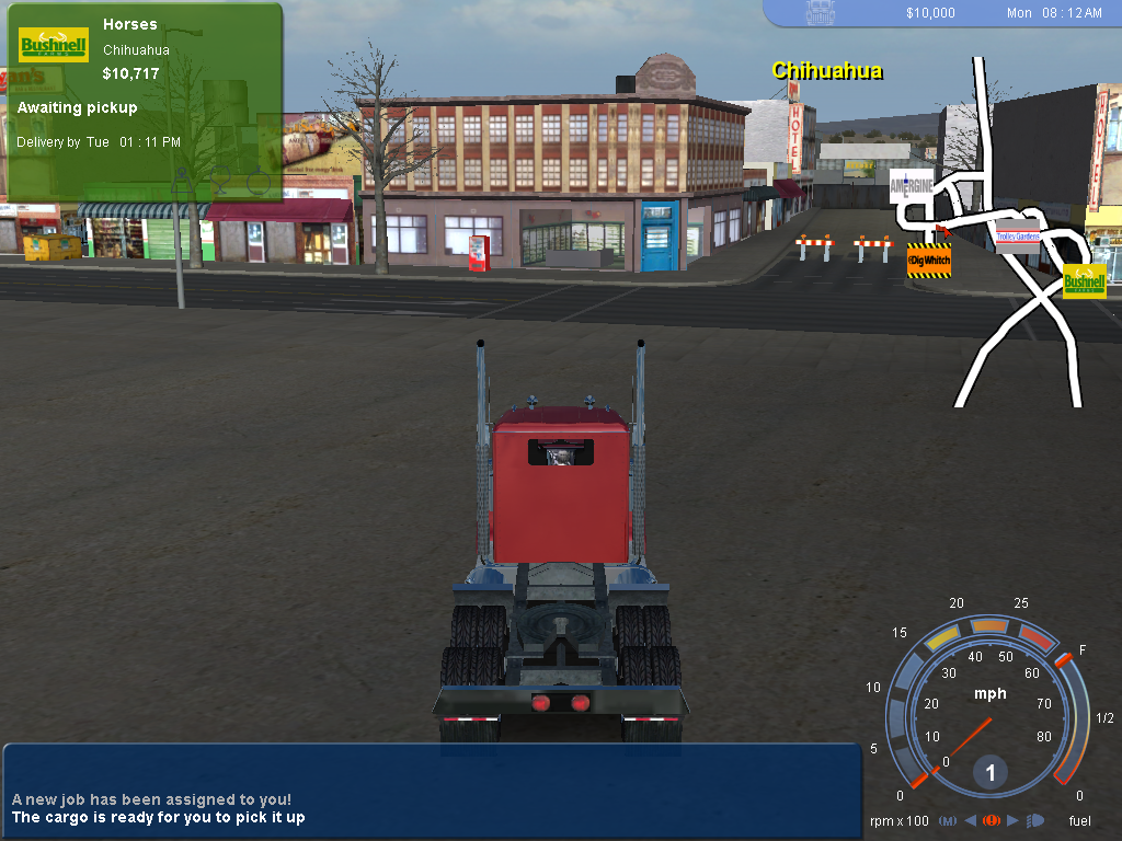 Starting up the game 18 Wheels of Steel Pedal to the Metal (2004) Microsoft Windows PC CD in a vibrant city setting.