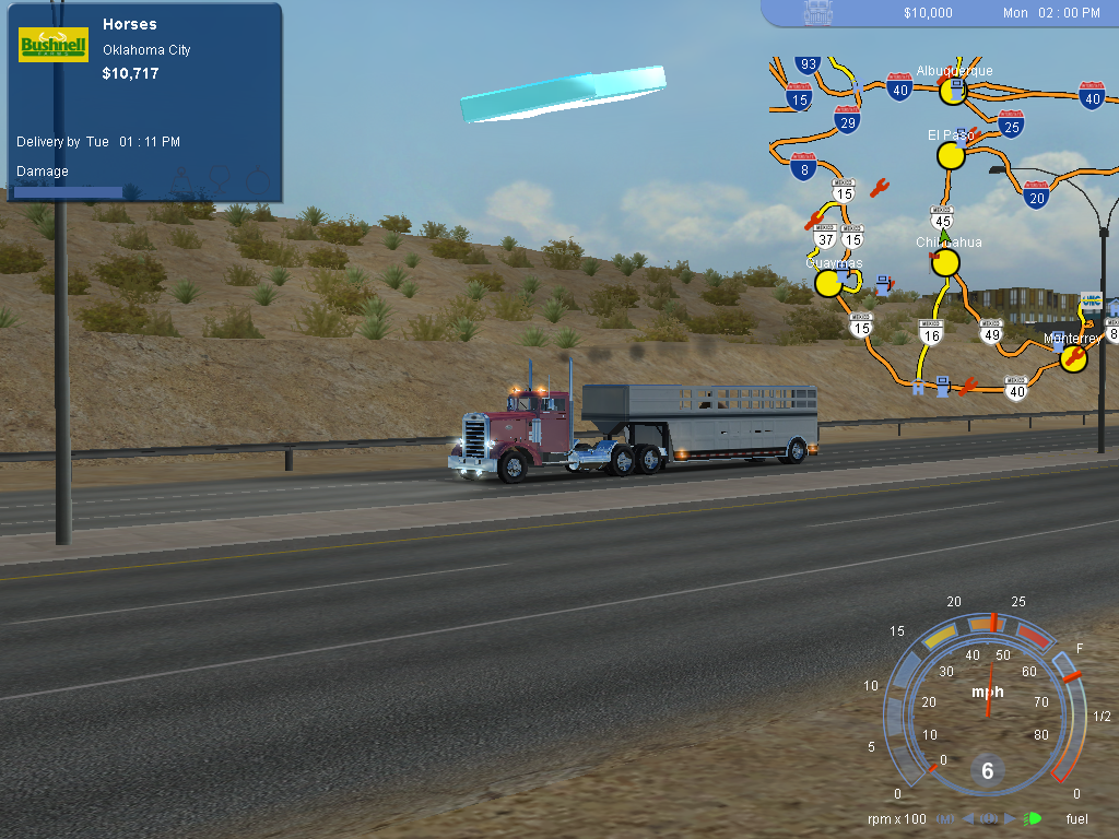 Trucking simulation gameplay scene from 18 Wheels of Steel Pedal to the Metal (2004) Microsoft Windows PC CD.