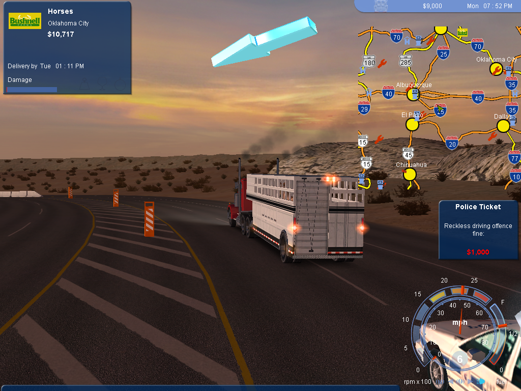 Navigate the roads in 18 Wheels of Steel Pedal to the Metal (2004) Microsoft Windows PC CD, avoiding police tickets.