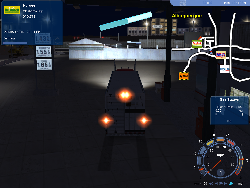 Trucking scene in 18 Wheels of Steel Pedal to the Metal (2004) Microsoft Windows PC CD, stopping for gas at night.