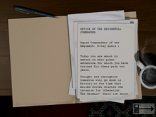 101: The Airborne Invasion of Normandy mission briefing displayed as typed orders in a folder.