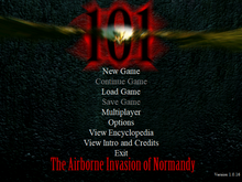 101: The Airborne Invasion of Normandy main menu with game, multiplayer, options, and encyclopedia selections.