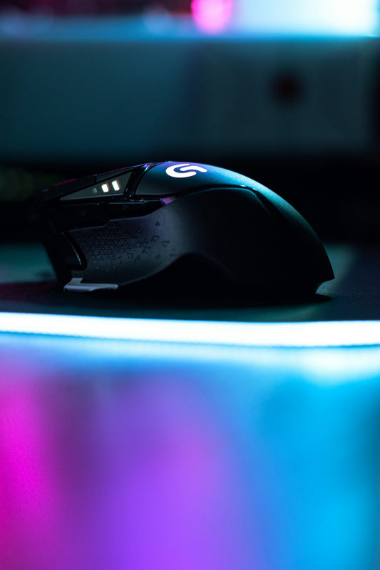 black and purple gaming mouse