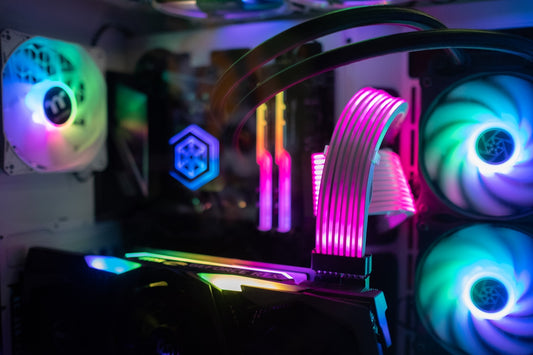 a close up of a computer case with neon lights