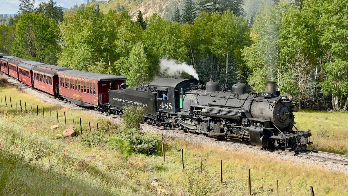 a train traveling through a lush green countryside