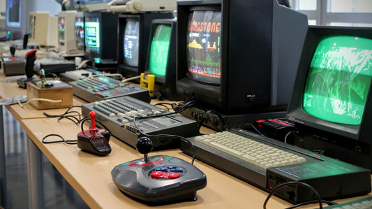 a row of computer monitors sitting on top of a desk