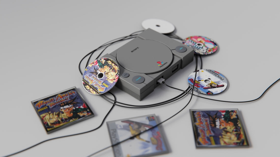 A video game console surrounded by cd's and discs