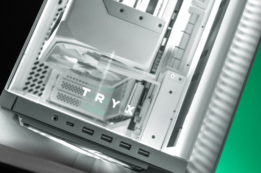 A close up of a computer case with a green background