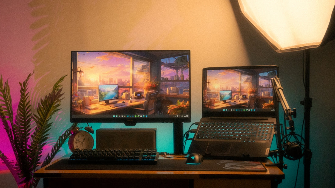 A modern desk setup with two screens and equipment.