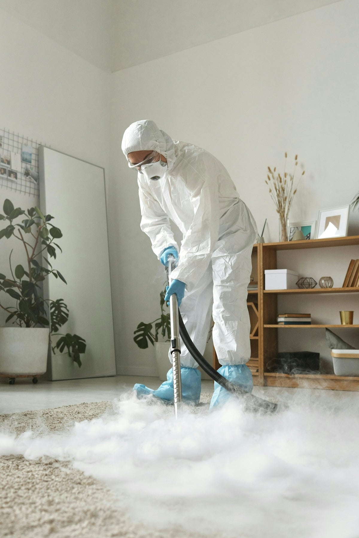 A person in protective suit cleans a carpet