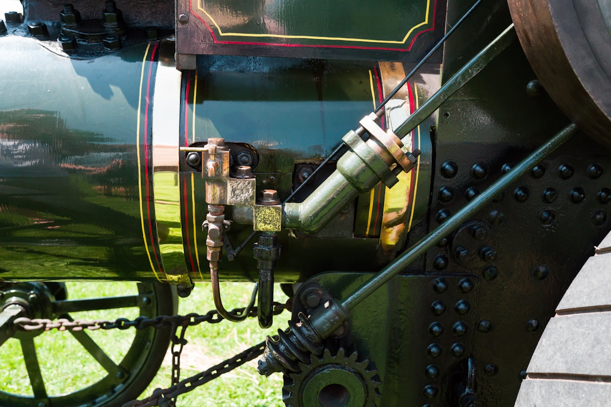 Close-up of a steam engine's mechanical parts
