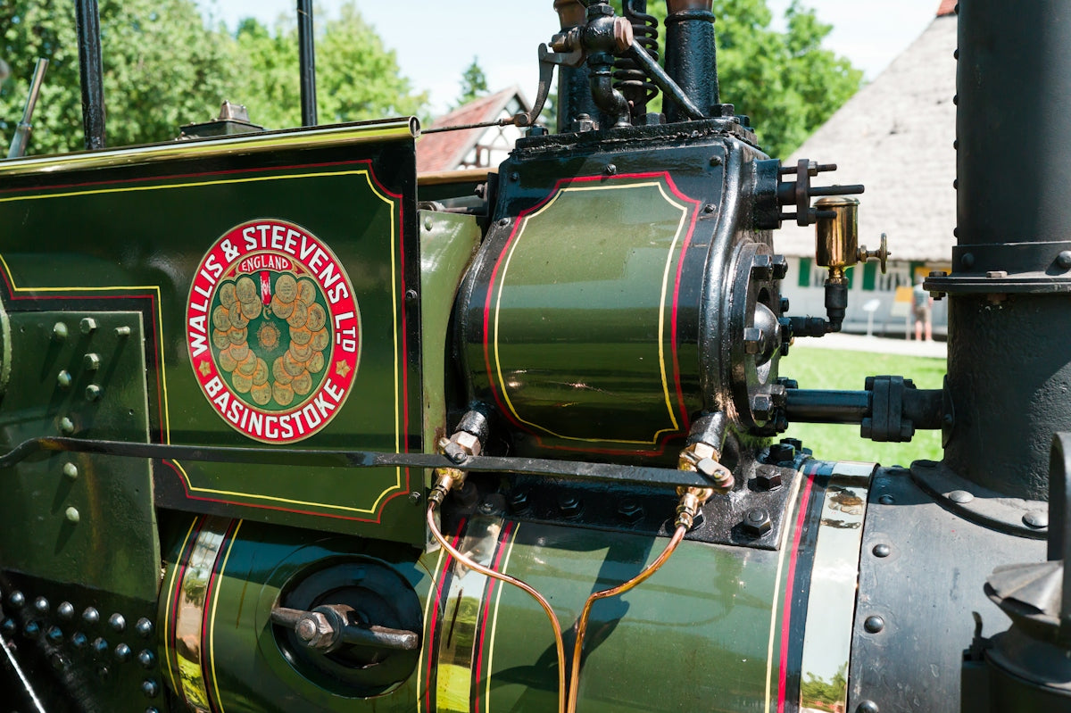A vintage steam engine's details are shown