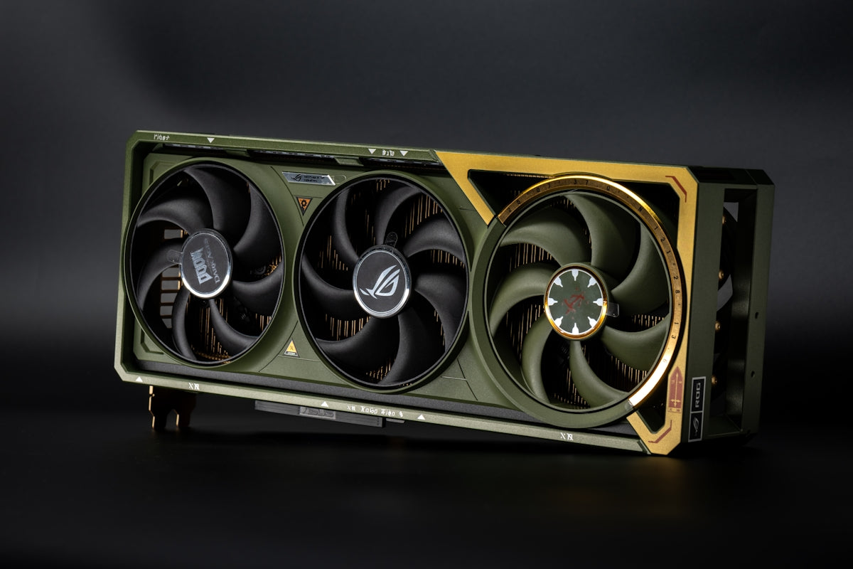 Three-fan graphics card with olive and gold accents.