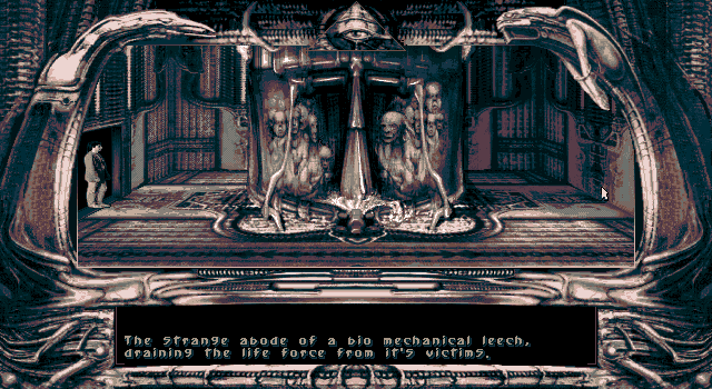 Explore the eerie scene from Dark Seed I 1992 Microsoft Windows MS-DOS PC CD CyberDreams featuring a bio-mechanical leech.