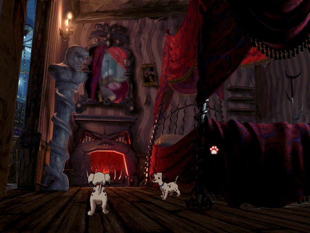 Explore the spooky interior in 101 Dalmatians: Escape From DeVil Manor Microsoft Windows PC CD, featuring playful puppies.
