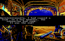 20,000 Leagues Under the Sea screenshot showing an ending message about a fatal submarine leak.