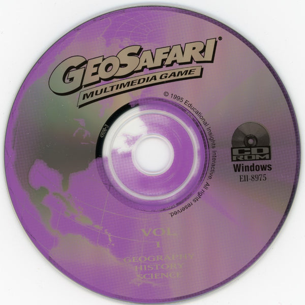 GeoSafari Multimedia Game Volume 1 disc with purple artwork and the GeoSafari logo.